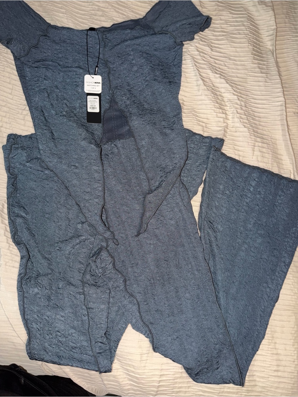 Fashion Nova Blue Textured Off-Shoulder Jumpsuit